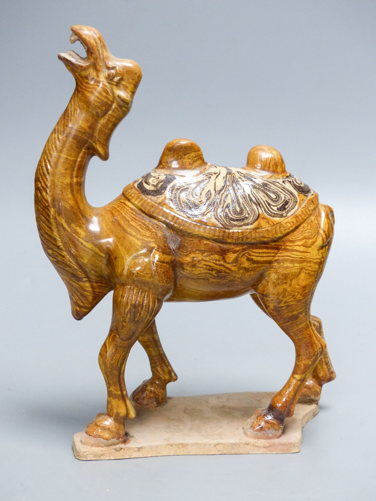 A Chinese Tang style jiaotai glazed pottery figure of a bactrian camel, 24.5 cm high